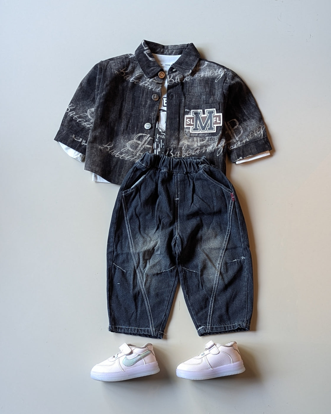 STIM120-01 Unisex Full Sleeve Oversized Denim Jacket Inner T Shirt and Pant Set