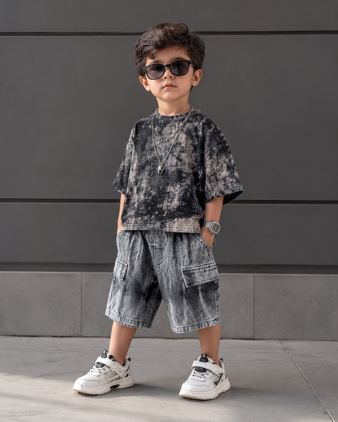 ST107 Unisex Half Sleeve Oversized T Shirt with Attached Chain and Shorts Set