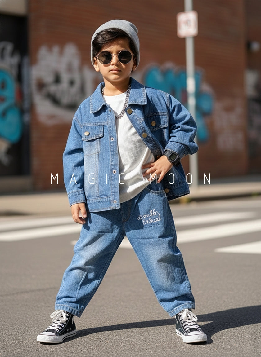 Unisex Full Sleeve Oversized Denim Jacket, Inner T Shirt and Pant Set