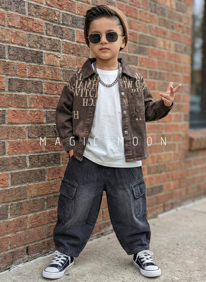 Unisex Full Sleeve Oversized Denim Jacket, Inner T Shirt and Cargo Pant Set