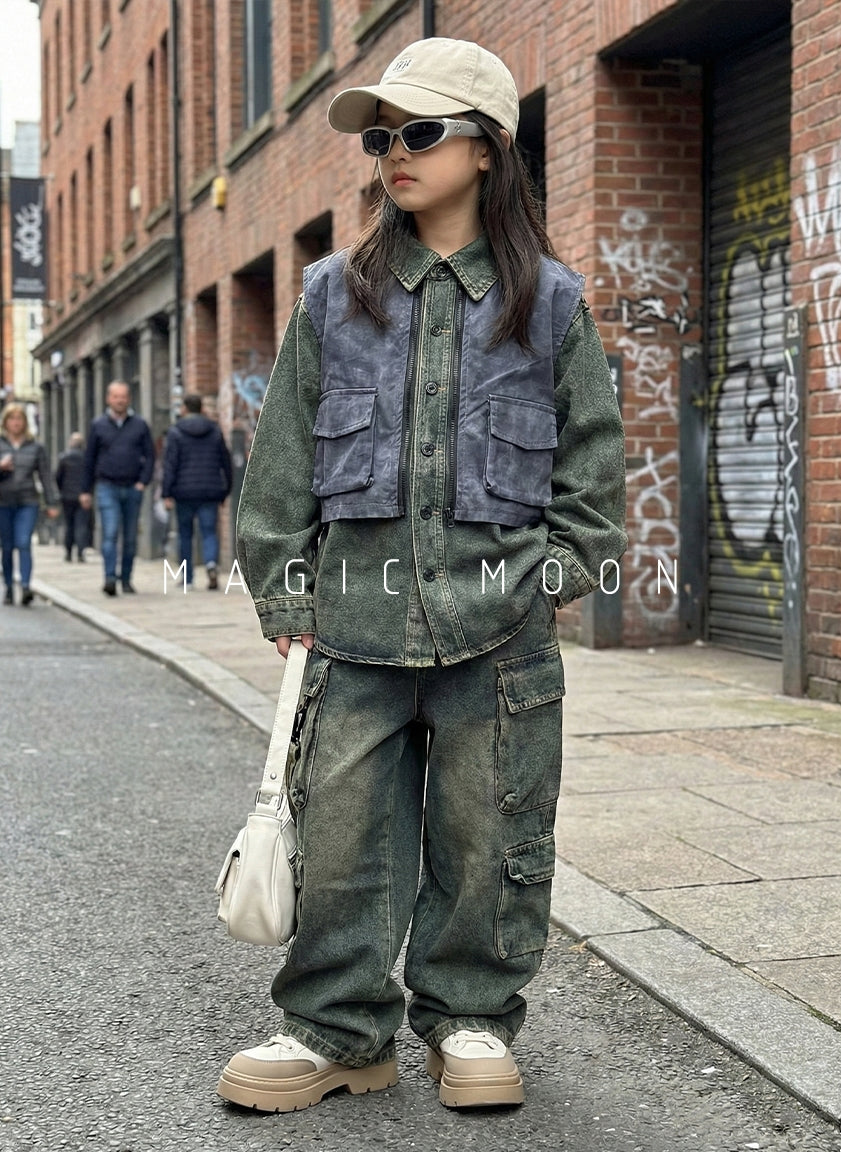 Unisex Full Sleeve Oversized Denim Jacket with Cargo Baggy Jeans Set