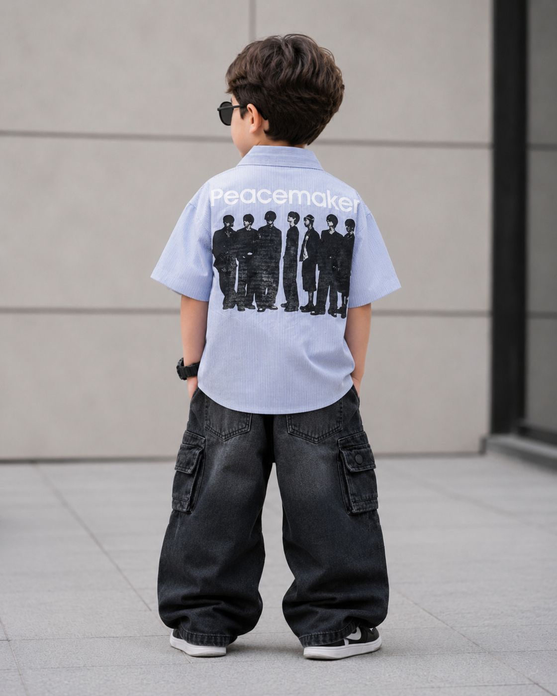 SHHS08 Boy's Half Sleeve Oversized Small Striped Shirt Back Printed Shirt