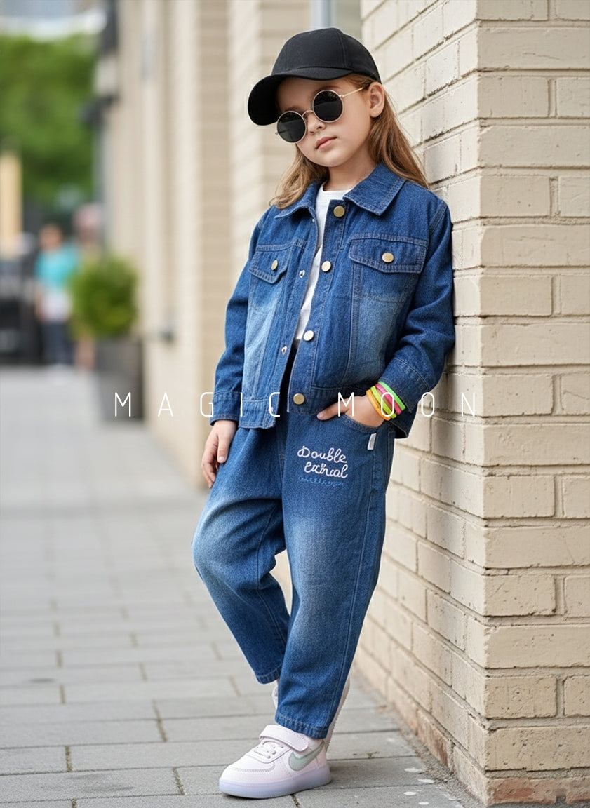 Unisex Full Sleeve Oversized Denim Jacket, Inner T Shirt and Pant Set