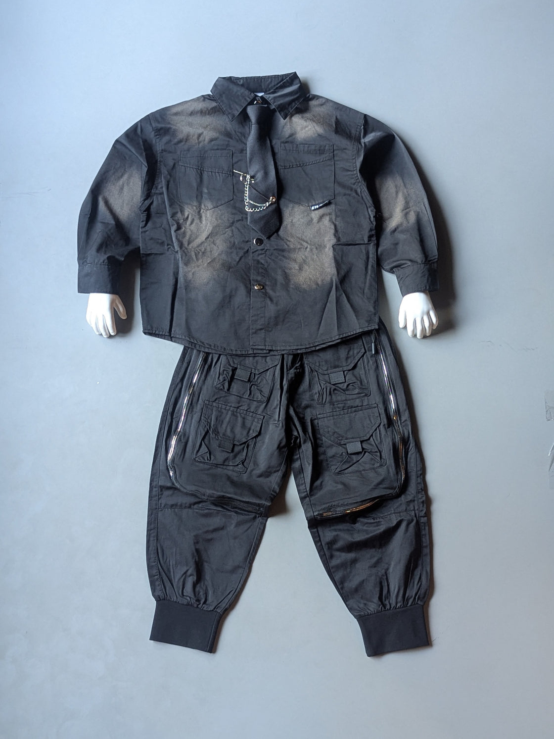 STB01 Unisex Full Sleeve Oversized Shirt with Attached Tie and Cargo Baggy Pant Set