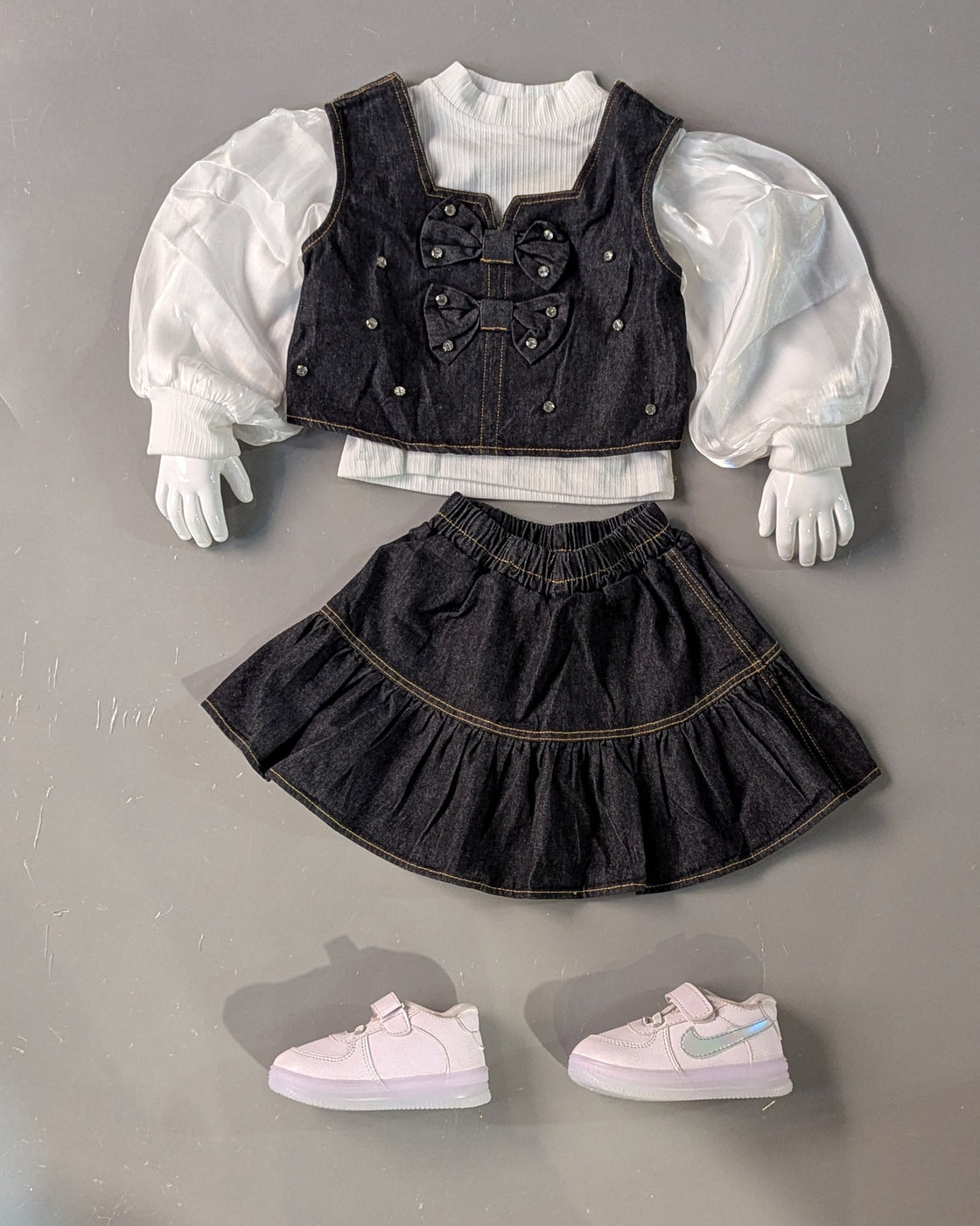 Girl's Puffed Full Sleeve Inner, Denim Like Vest and Skirt Set