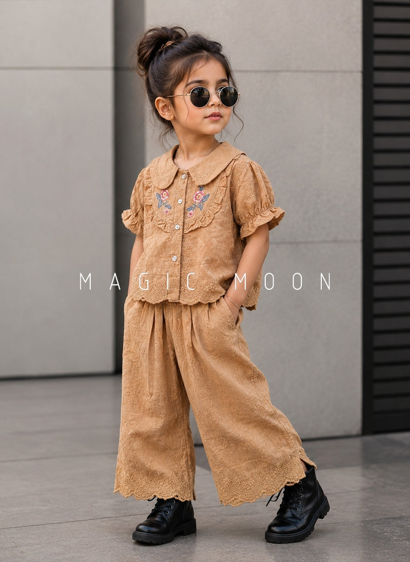 GST03 Girl's Half Sleeve Embroidered Top with Wide Leg Pant Set