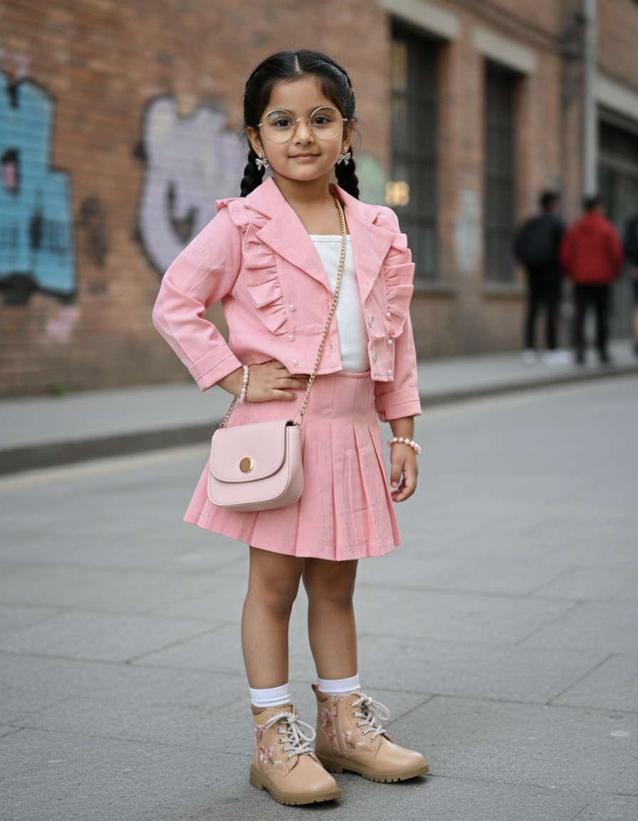 Girl's Full Sleeve Blazer, Inner Vest and Skirt Set