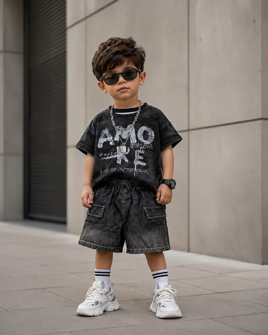 ST107 Unisex Half Sleeve Oversized T Shirt with Attached Chain and Shorts Set
