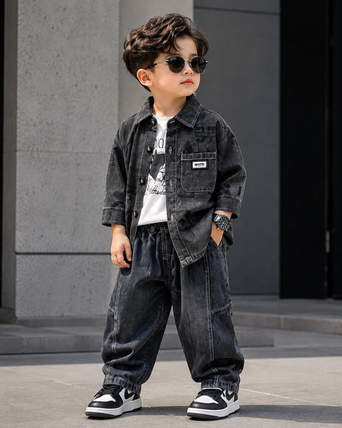 STIM111-01 Unisex Full Sleeve Oversized Denim Jacket Inner T Shirt and Pant Set