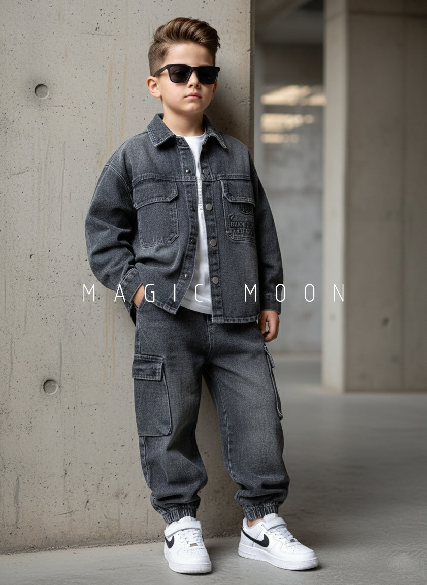 Unisex Full Sleeve Oversized Denim Jacket Inner T Shirt and Pant Set