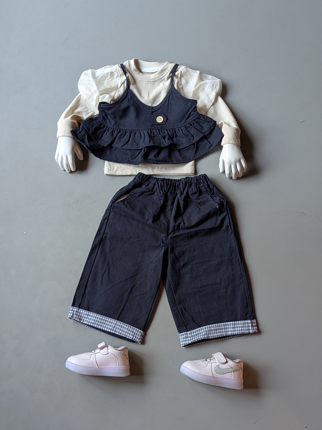 Girl's Full Sleeve Top With Layered Vest and Wide Leg Pant Set