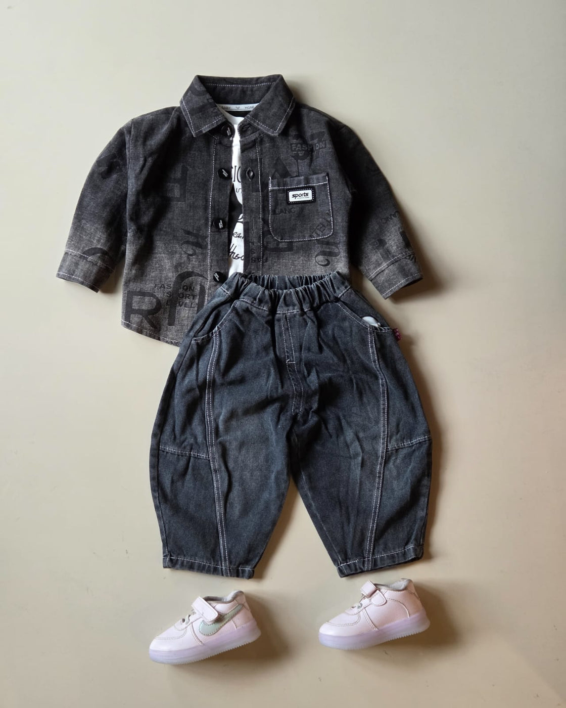STIM111-01 Unisex Full Sleeve Oversized Denim Jacket Inner T Shirt and Pant Set