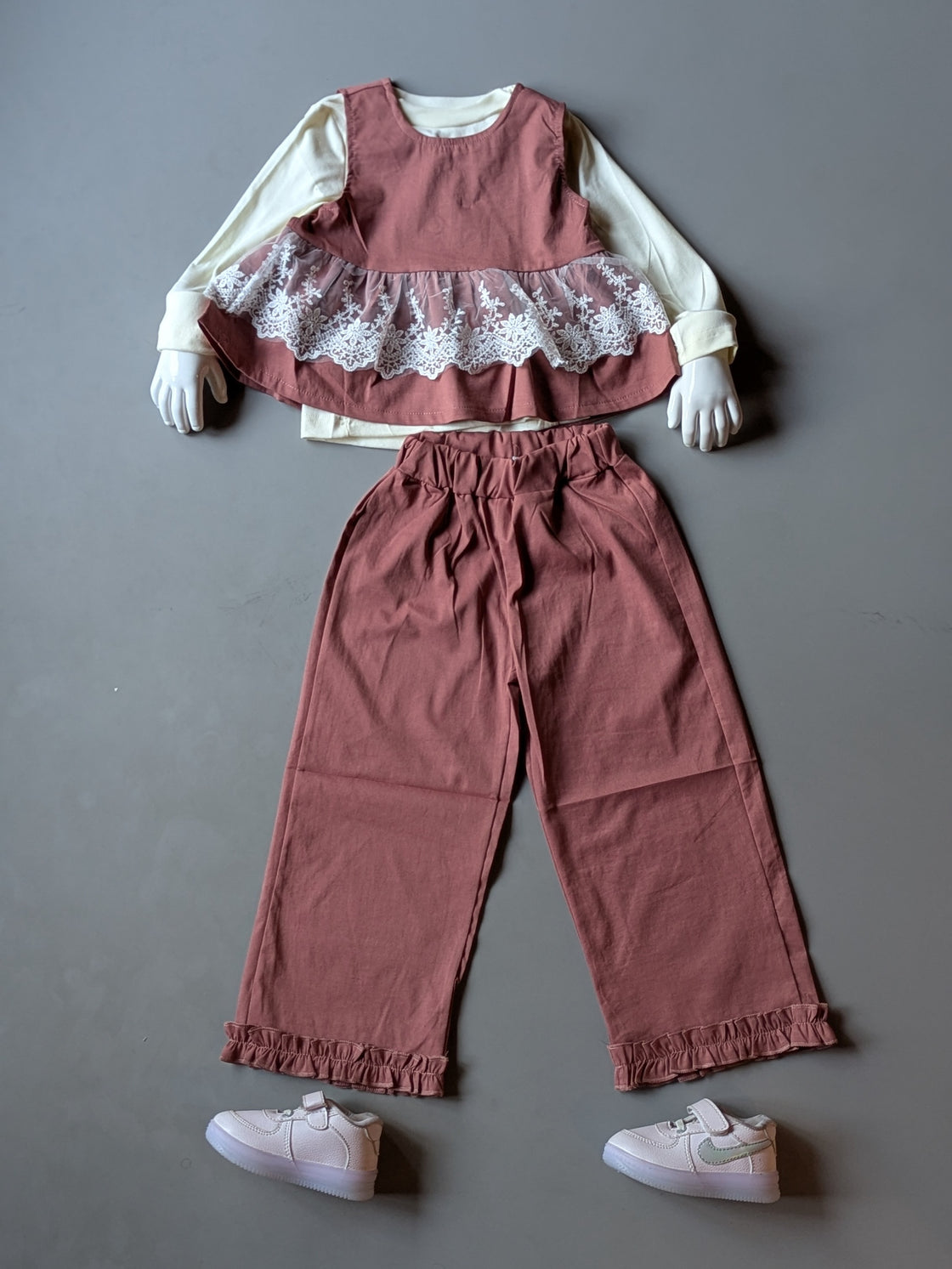 Girl's Full Sleeve Top with Lace Work Vest with Wide Leg Pant Set