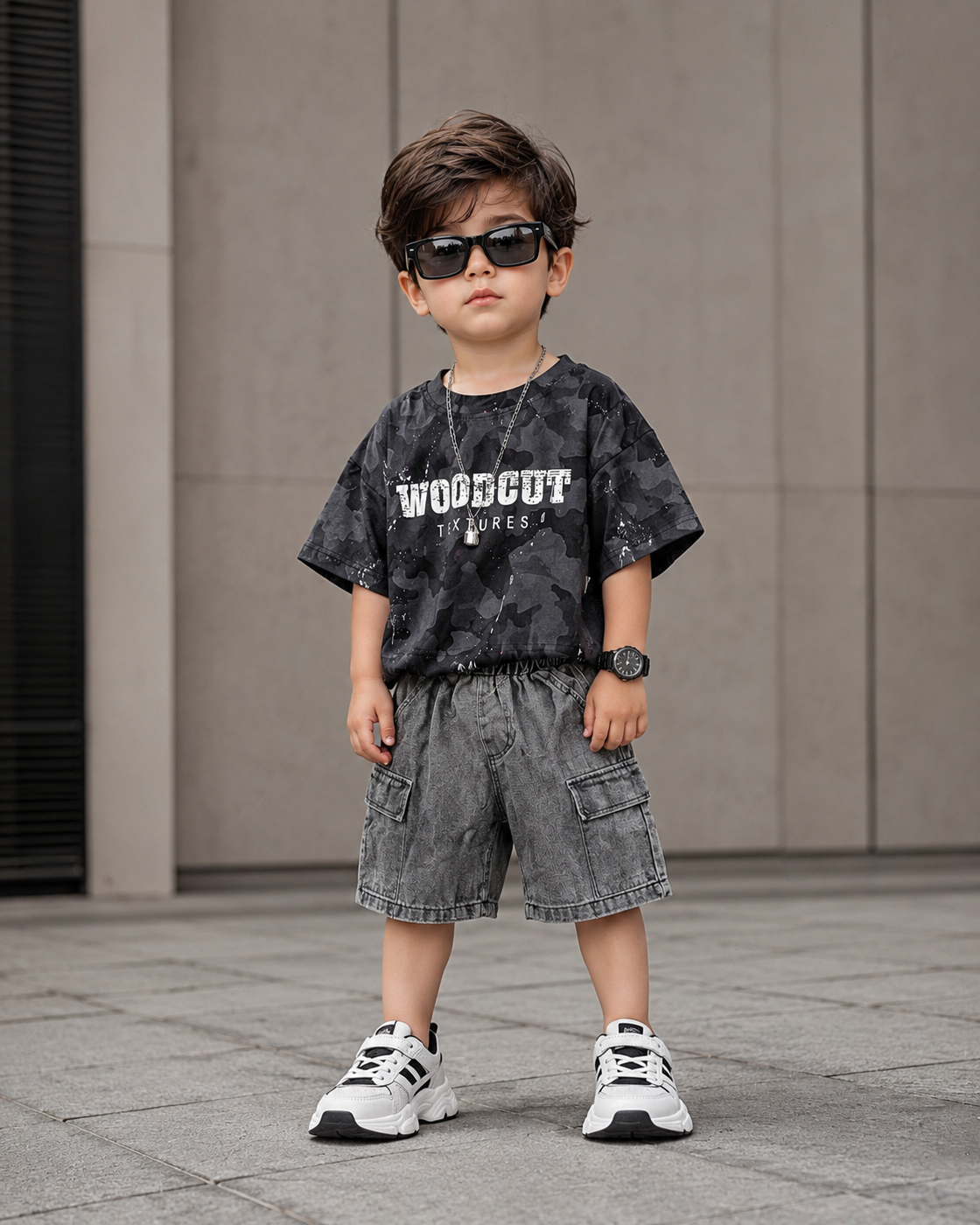 ST107 Unisex Half Sleeve Oversized T Shirt with Attached Chain and Shorts Set