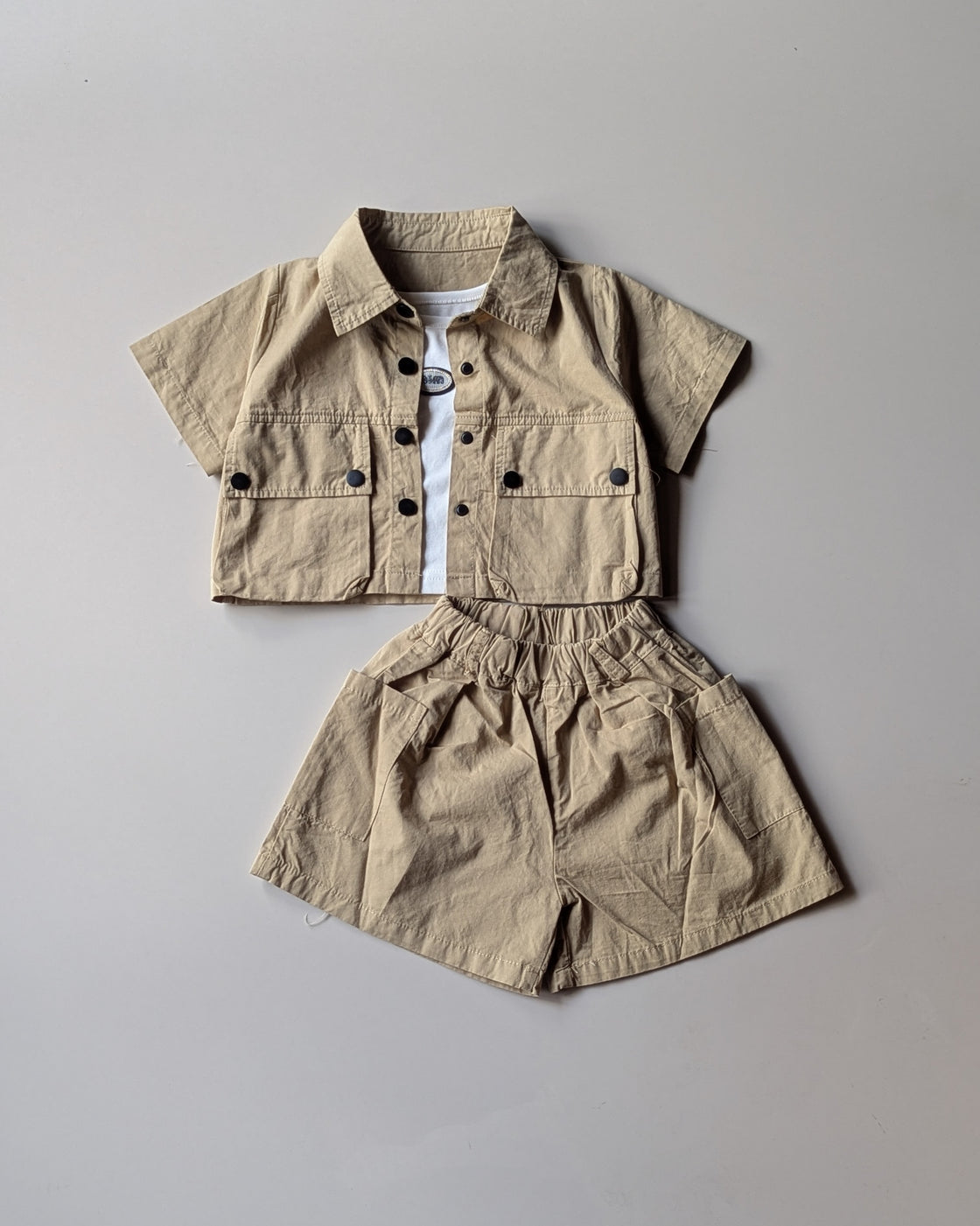 GST02 Girls Half Sleeve Oversized Shirt with Inner T Shirt and Shorts Set
