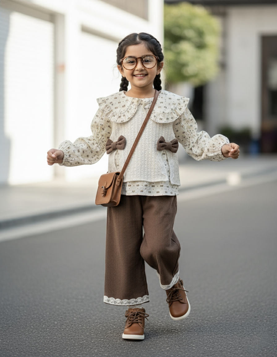 Full Sleeve Top with Vest and Wide Leg Pant Set