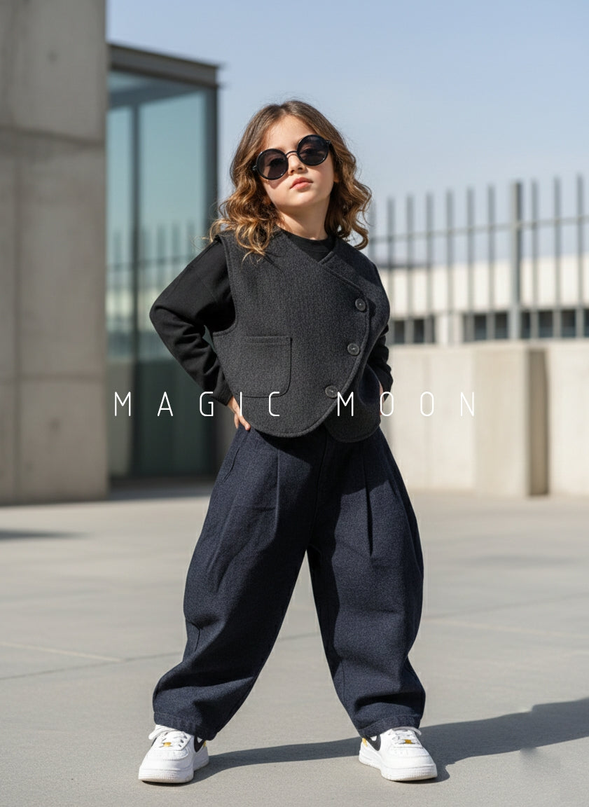 Girl's Full Sleeve Black Top and Overcoat with Navy Blue colour Wide Leg Pant Set